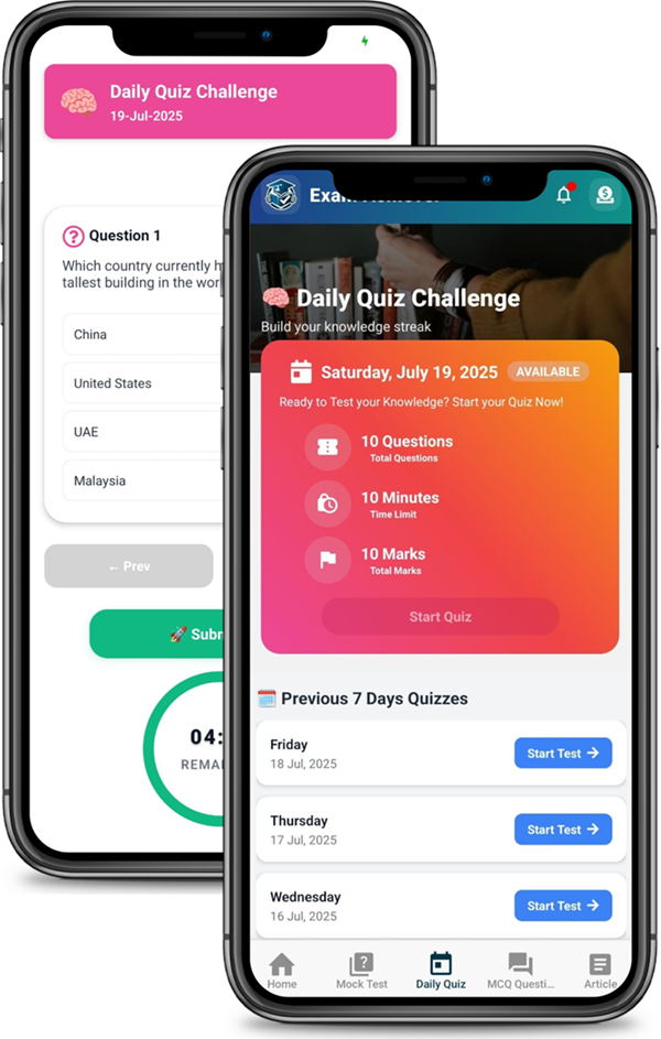 ExamAchiever app daily quiz screen with current affairs and quiz questions
